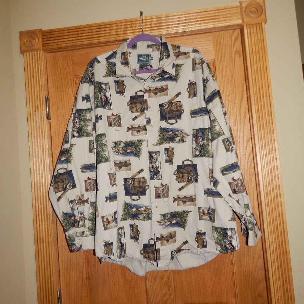 Vintage Woolrich Shirt Men's Size 2XL Fly Fishing All Over Print Hiking Outdoor